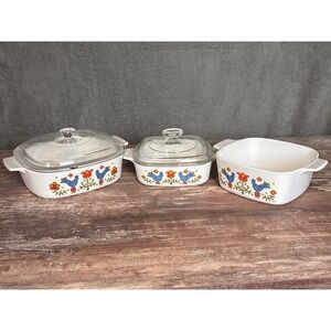 3 Corning Ware Country Festival Friendship Blue Bird Casserole Dishes Lids